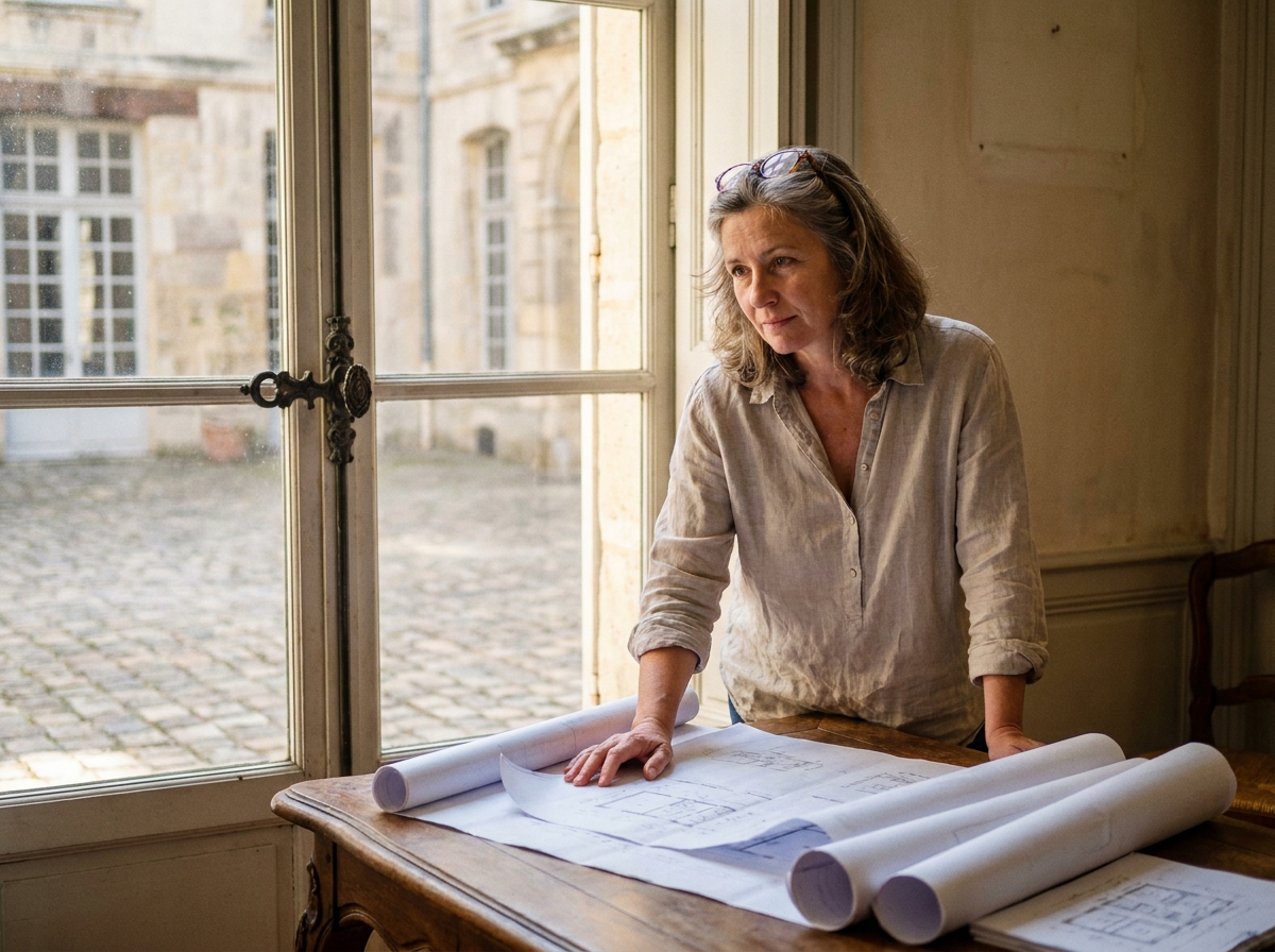 Femme examinant des plans architecturaux pour le remplacement de fenêtres sur mesure dans un appartement ancien avec fenêtres patrimoniales