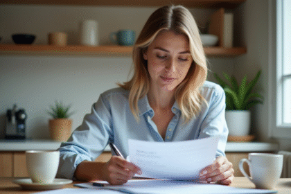 Femme examinant des documents de prêt immobilier à la maison
