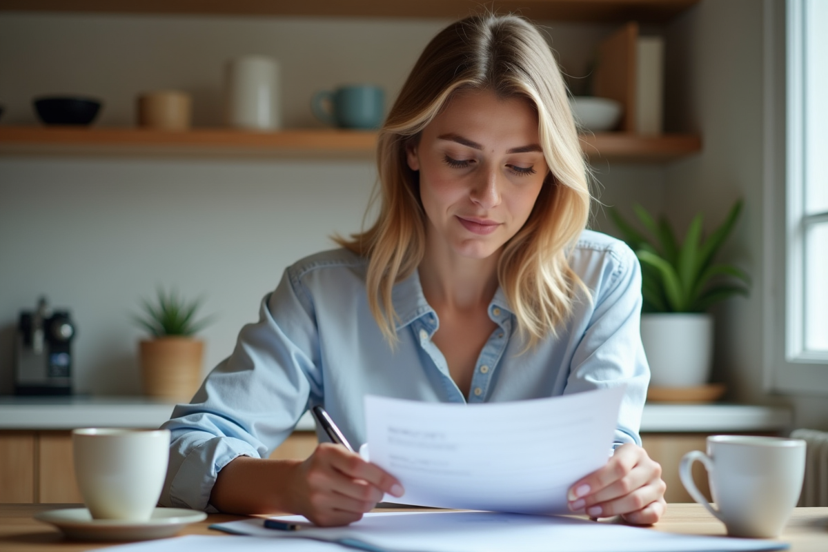 Femme examinant des documents de prêt immobilier à la maison