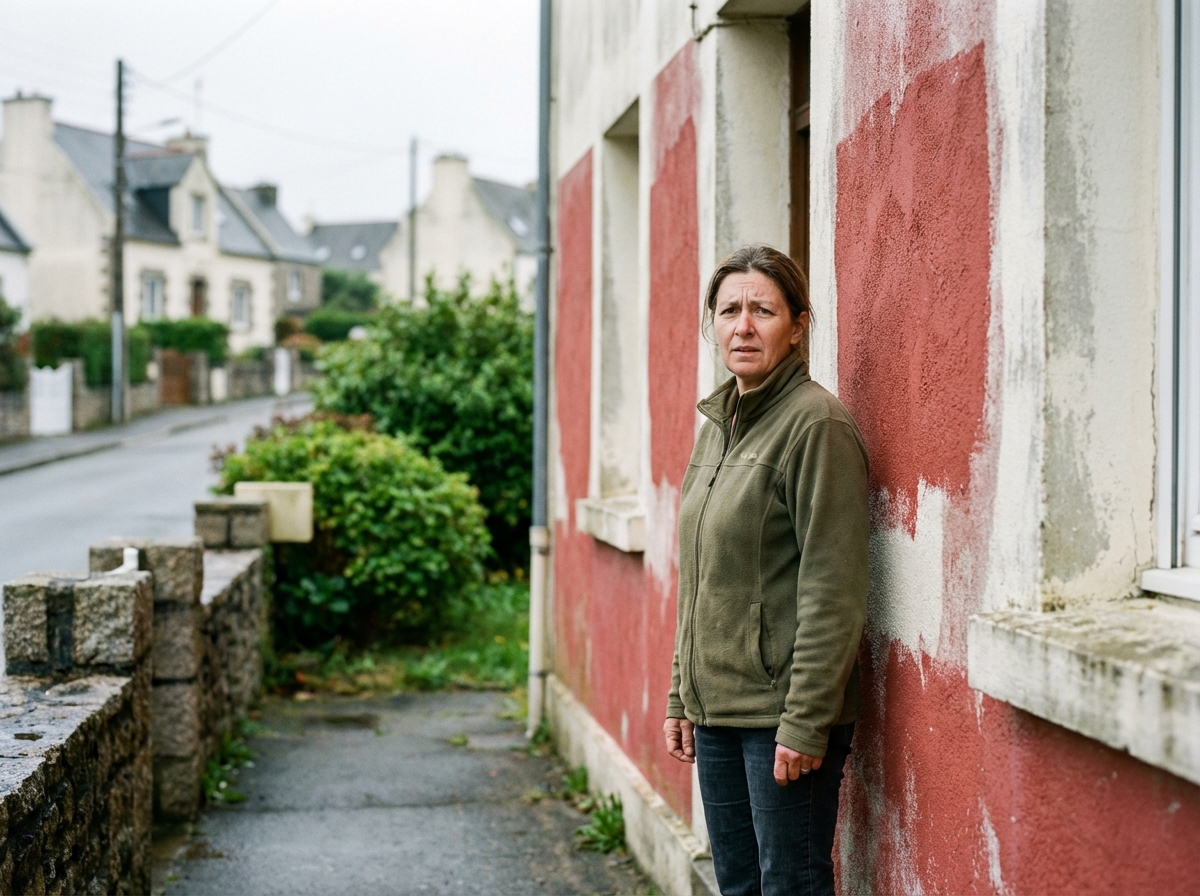 Femme inquiète devant façade rénovée endommagée Brest