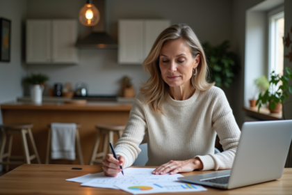 Femme d'âge moyen examine des documents dans un Airbnb moderne