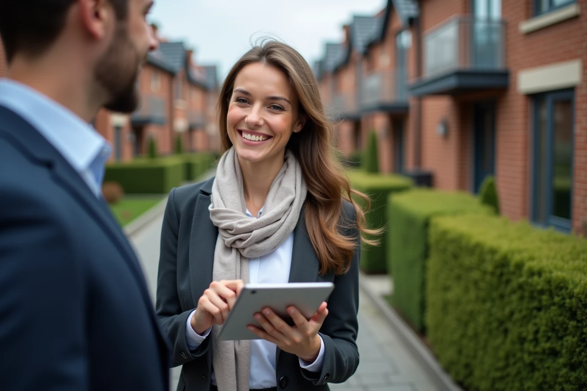 Jeune femme souriante présente un tableau numérique devant une maison moderne