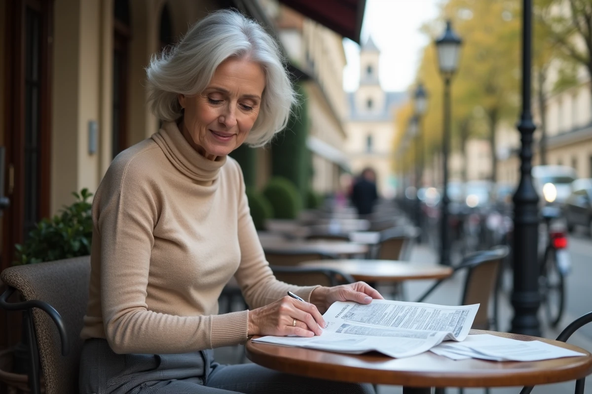 Femme consultant des statistiques économiques en terrasse de café parisien dans le 7e arrondissement, symbole des inégalités et de la richesse à Paris