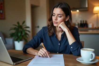 Femme consultant un contrat de bail et un site d'aide au logement sur ordinateur portable avant de signer