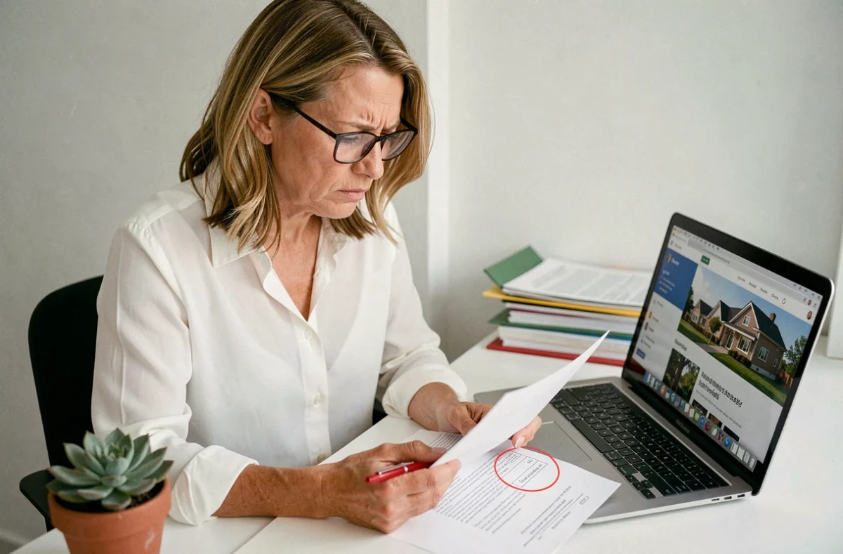 Femme vérifiant seule un formulaire pré-état daté immobilier incomplet à son bureau à domicile