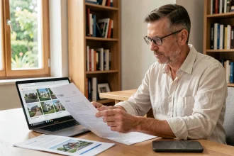 Un homme européen consultant des documents immobiliers pour financer un condominium en Thaïlande depuis son bureau à domicile en France