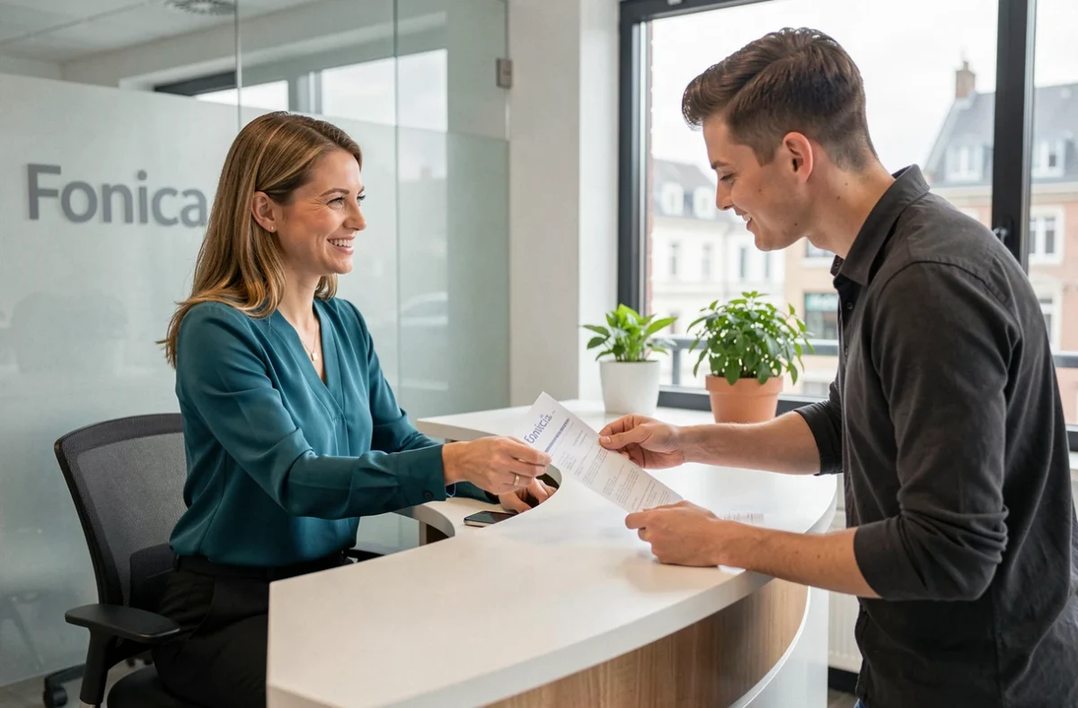 Conseillère Foncia Lille remettant un contrat de location à un locataire dans une agence moderne