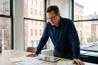 Gestionnaire immobilier analysant les charges d'exploitation d'un patrimoine immobilier sur des documents financiers