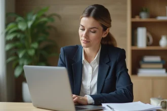 Femme gestionnaire immobilière consultant une plateforme de gestion locative sur ordinateur portable dans un bureau moderne