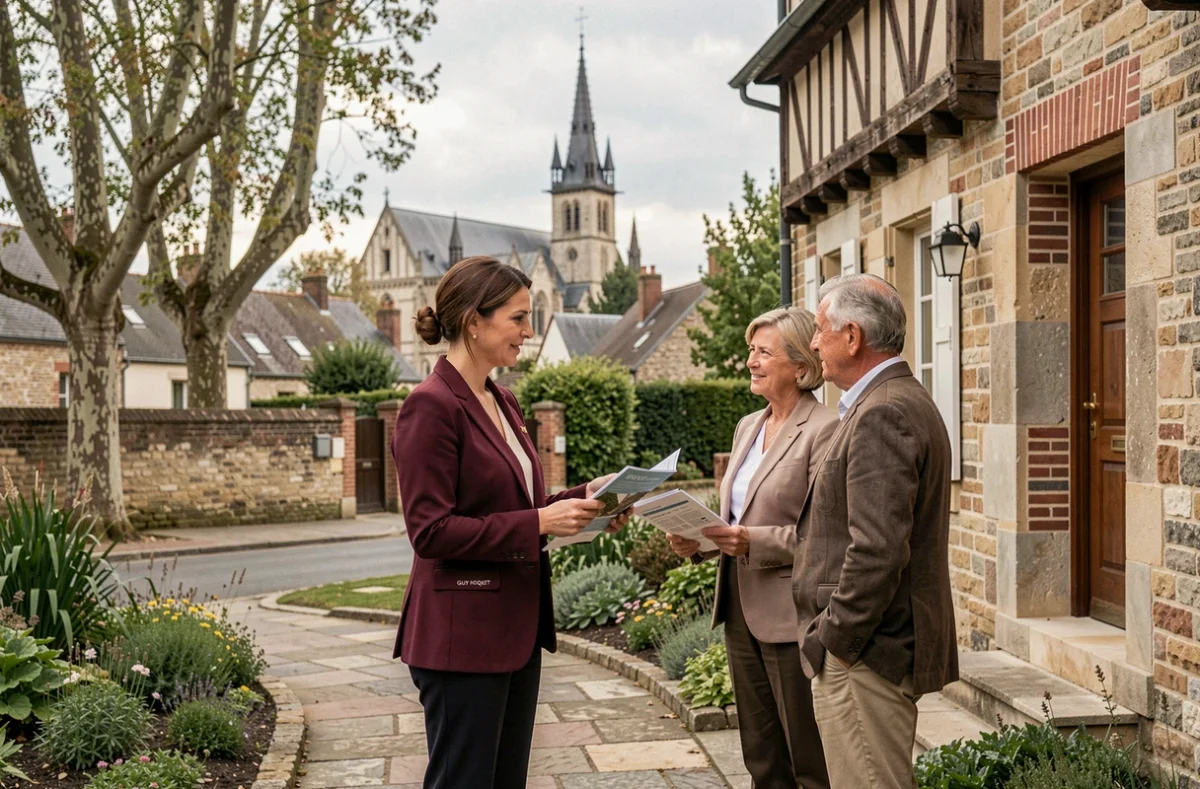 Agente Guy Hoquet Beauvais présentant une maison normande en pierre à des clients devant la cathédrale en arrière-plan
