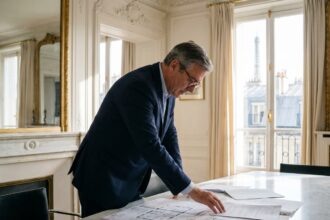 Homme d'affaires en costume à Paris dans un intérieur élégant