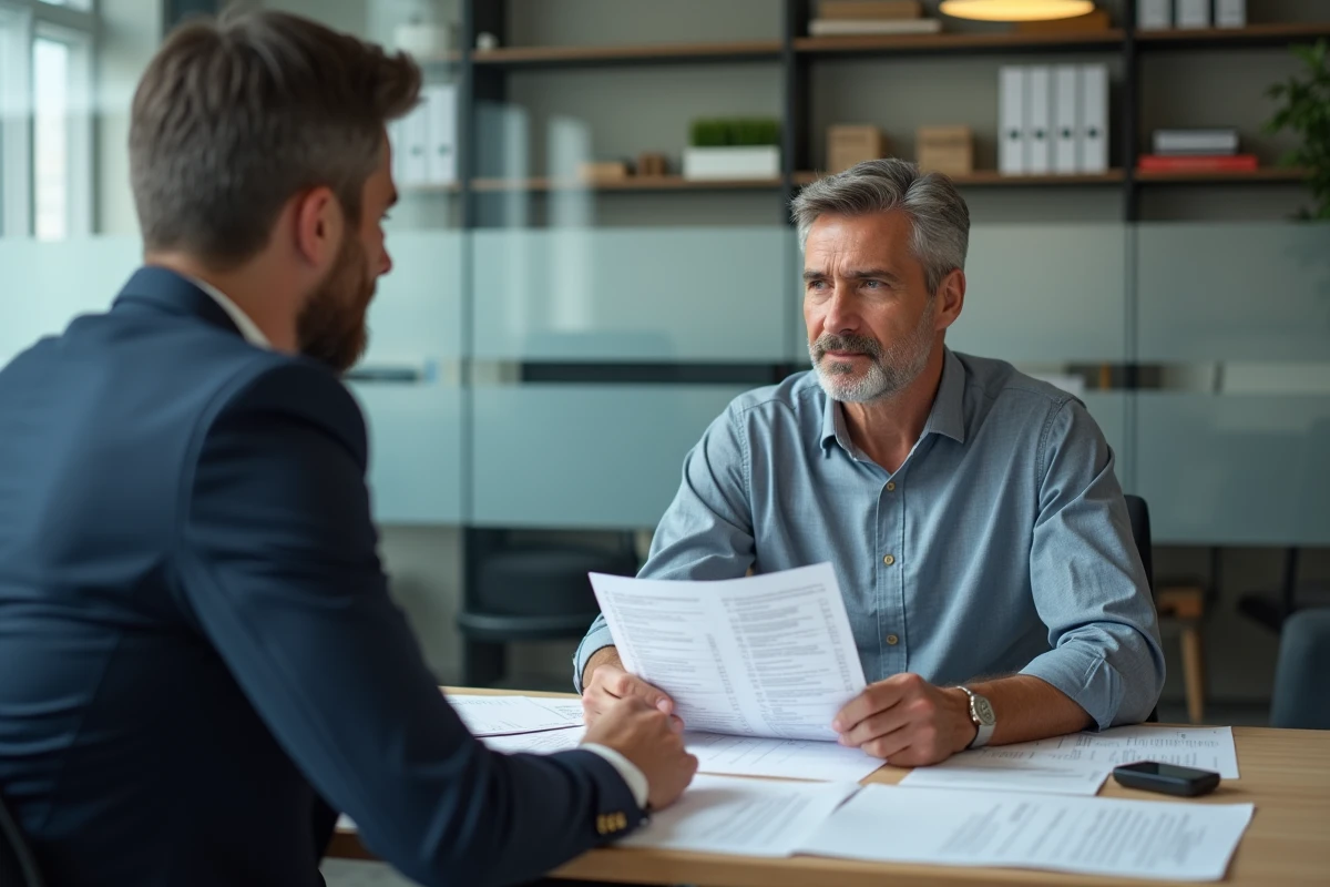 Homme discutant des aides au logement avec un agent immobilier dans une agence avant la signature d'un bail