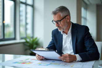 Homme d'âge moyen en blazer bleu regardant des plans architecturaux