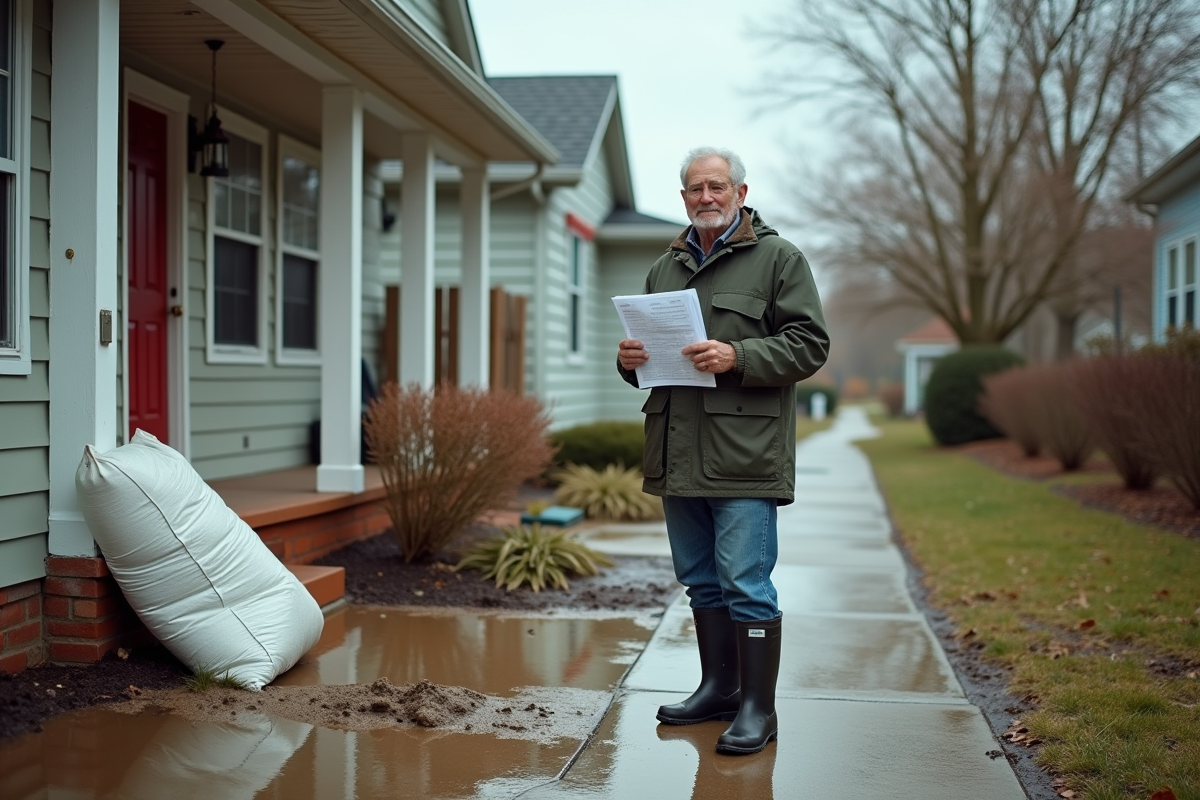 Homme senior avec bottes en dehors de sa maison après inondation