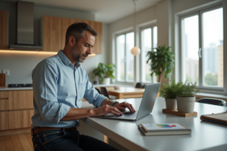 Homme d'âge moyen calculant ses profits locatifs dans une cuisine moderne