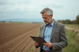 Homme d'âge moyen en extérieur avec tablette dans la campagne