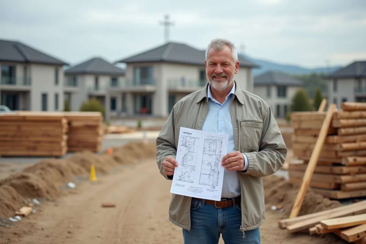 Homme sur un chantier tenant un résultat de simulation de bâtiment