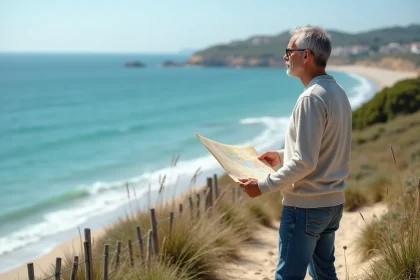 Homme contemplant la côte française avec carte en main