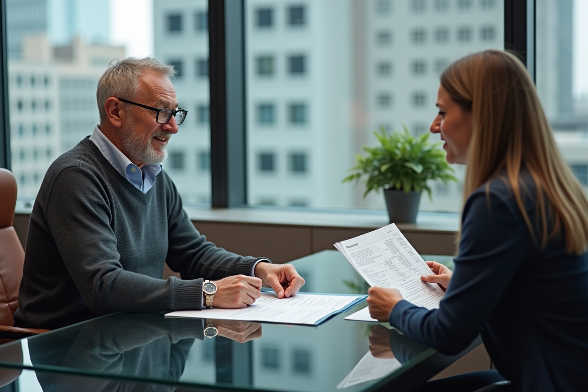 Homme âgé discute avec conseiller financier dans un bureau