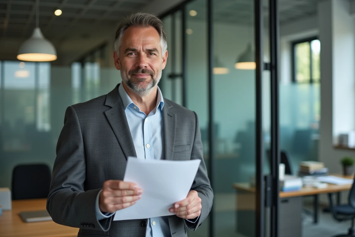 Homme examinant un contrat dans un bureau immobilier
