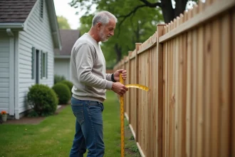 Homme d'âge moyen vérifiant une clôture en bois neuve