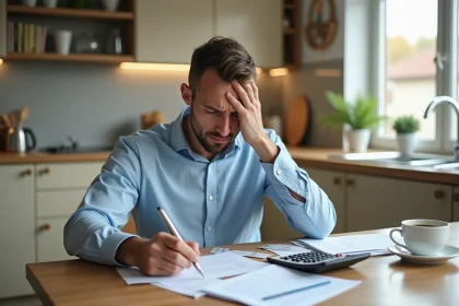 Homme seul qui examine des documents de crédit immobilier en indivision à la table de cuisine