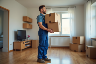 Homme en overalls bleus tenant des cartons de déménagement dans un salon