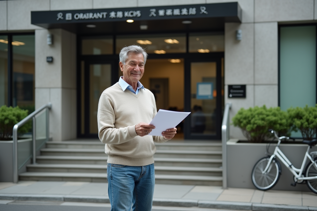 Homme souriant vérifiant des documents devant un bâtiment officiel