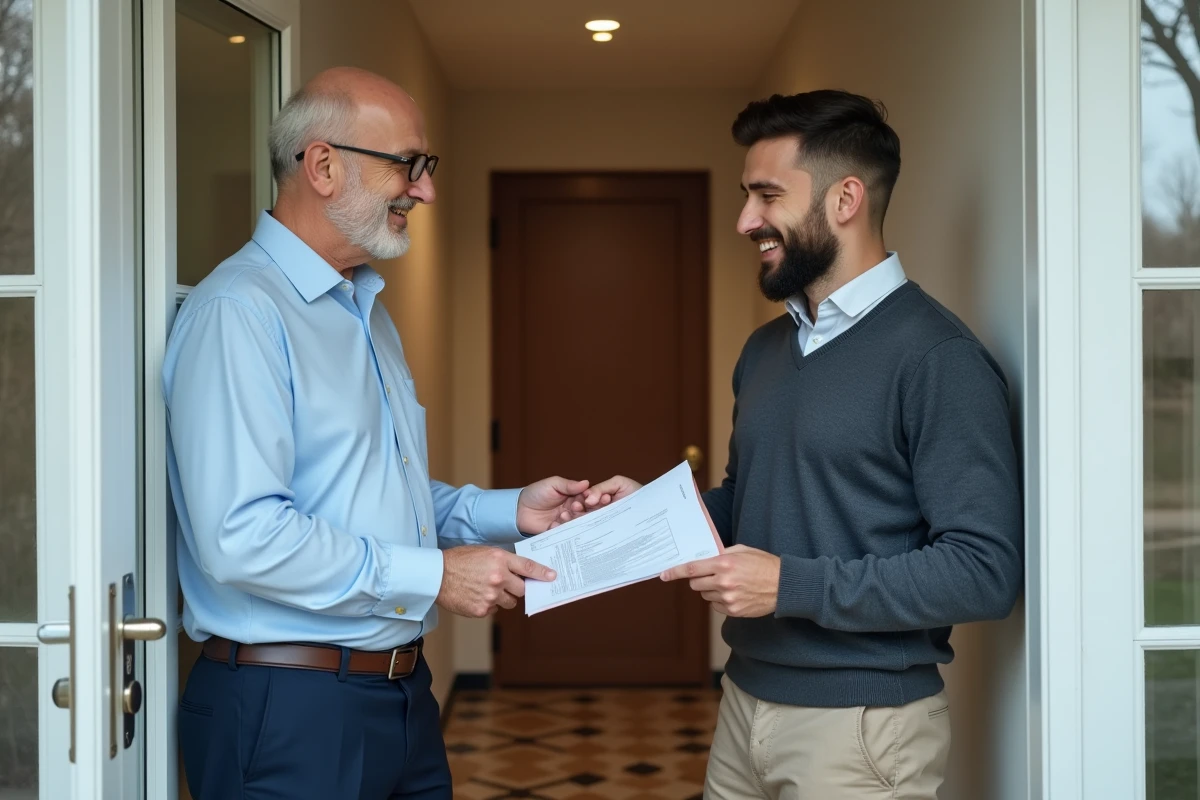 Homme remet des documents à un jeune homme à l