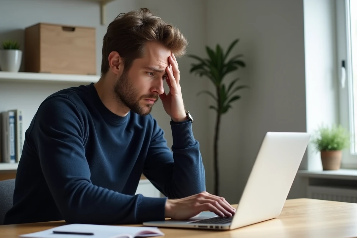 Homme frustré devant son ordinateur portable affichant une erreur de connexion sur l'espace personnel Nexity