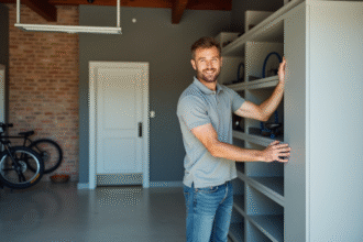 Homme en polo installant des étagères dans un garage rénové
