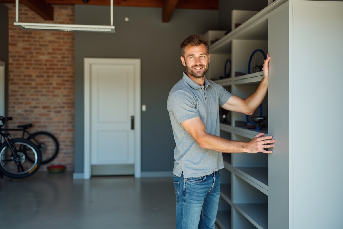 Homme en polo installant des étagères dans un garage rénové