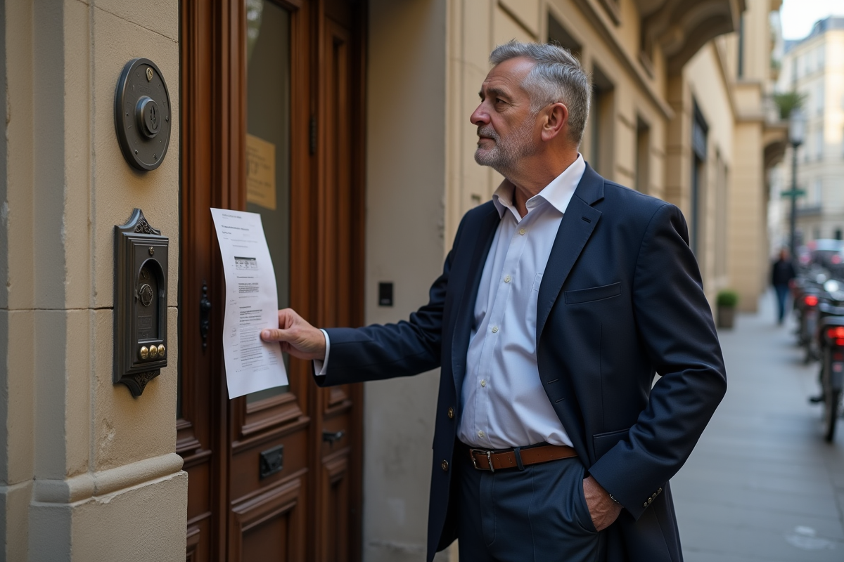 Homme examine une affiche de location devant un immeuble parisien