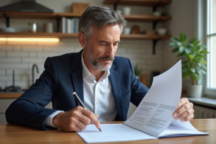 Homme français en blazer lisant des documents dans la cuisine