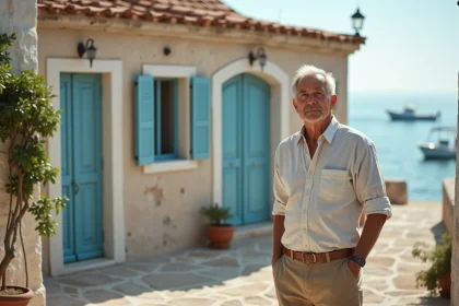 Homme méditerranéen devant maison de pêcheur ancienne