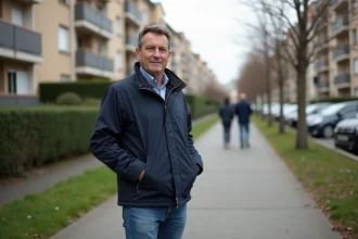 Homme d'âge moyen en veste et jeans dans le quartier Nord