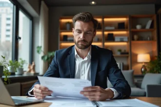 Homme concentré vérifiant ses papiers de location