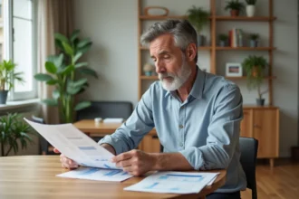 Homme d'âge moyen examine un rapport immobilier dans un intérieur moderne