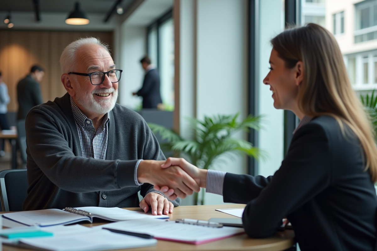 Homme satisfait signant un contrat avec une agent d assurance