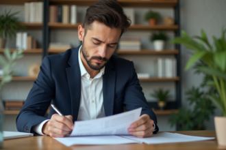 Homme en costume bleu dans un bureau moderne et lumineux