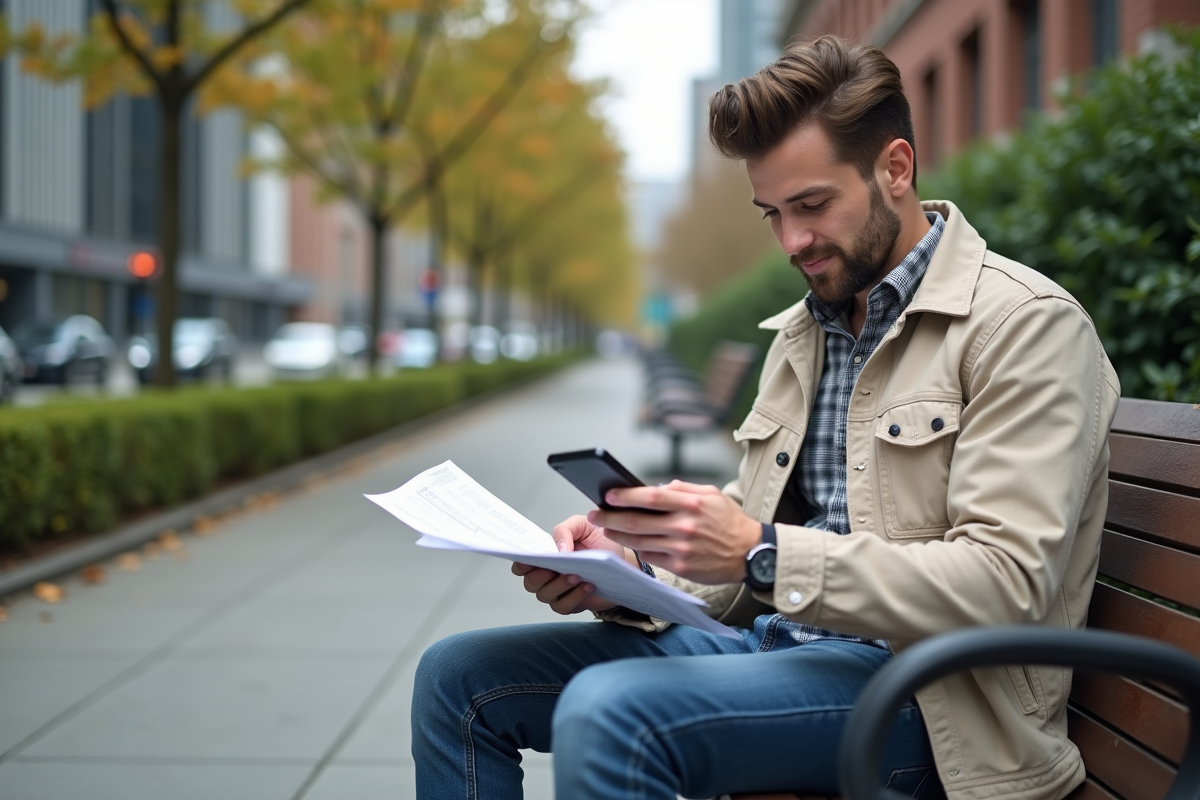 Homme assis dehors utilisant son smartphone et documents