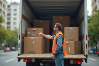 Homme en gilet réfléchissant vérifiant un camion de déménagement
