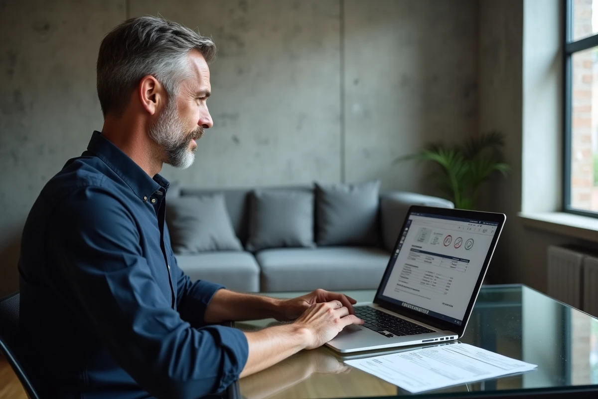 Homme vérifiant ses paiements de charges sur un portail de gestion locative en ligne