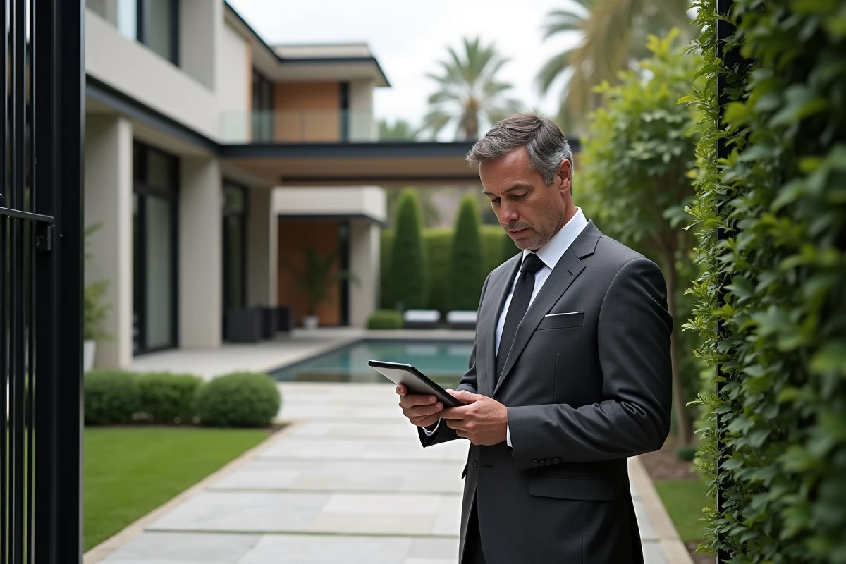 Homme d age vérifiant des plans devant une villa élégante