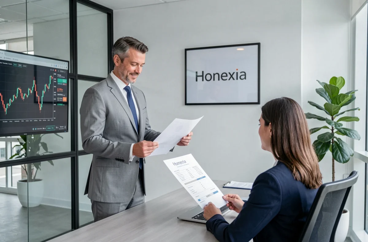 Courtier professionnel Honexia en discussion avec un client autour d'une proposition de prêt immobilier dans un bureau épuré et moderne