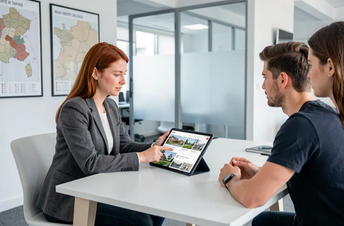 Consultante de l'agence Immosens présentant des annonces immobilières à des clients dans un bureau moderne