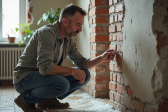 Homme inspectant un mur avec cristaux de sel blancs