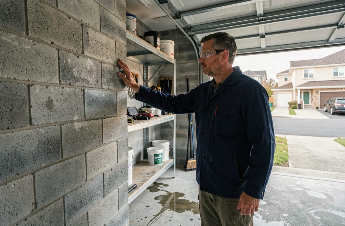 Homme inspectant le mur mitoyen d'un garage accolé dans une maison mitoyenne, évaluation de l'isolation phonique