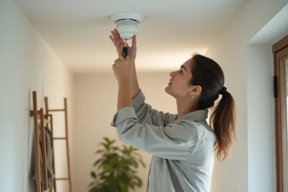 Femme installant un détecteur de fumée au plafond dans un couloir d'appartement moderne
