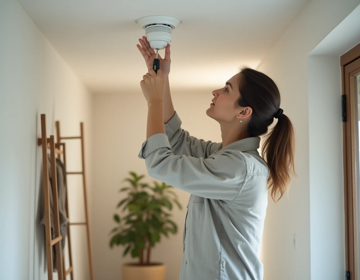 Femme installant un détecteur de fumée au plafond dans un couloir d'appartement moderne